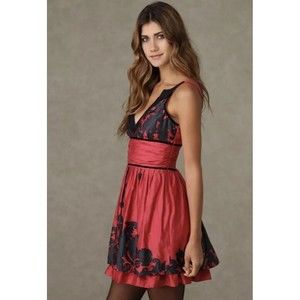 Free People Red & Black Sleeveless V-Neck Mini Dress Size 4 Side Zip Smocking